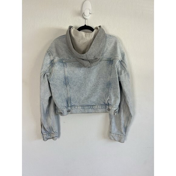 Free People Brando Denim Jean Jacket Hoodie in Malta Wash Women’s Size Large - Picture 3 of 10